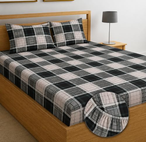Image of Cotton Fitted Bedsheet King Size Bed with 2 Pillow Covers | All Around Elastic | 220 TC | Wrinkle Free & Breathable | Deep Pocket Fits Mattress Upto 10 Inches | Bed Cover- Black White Check