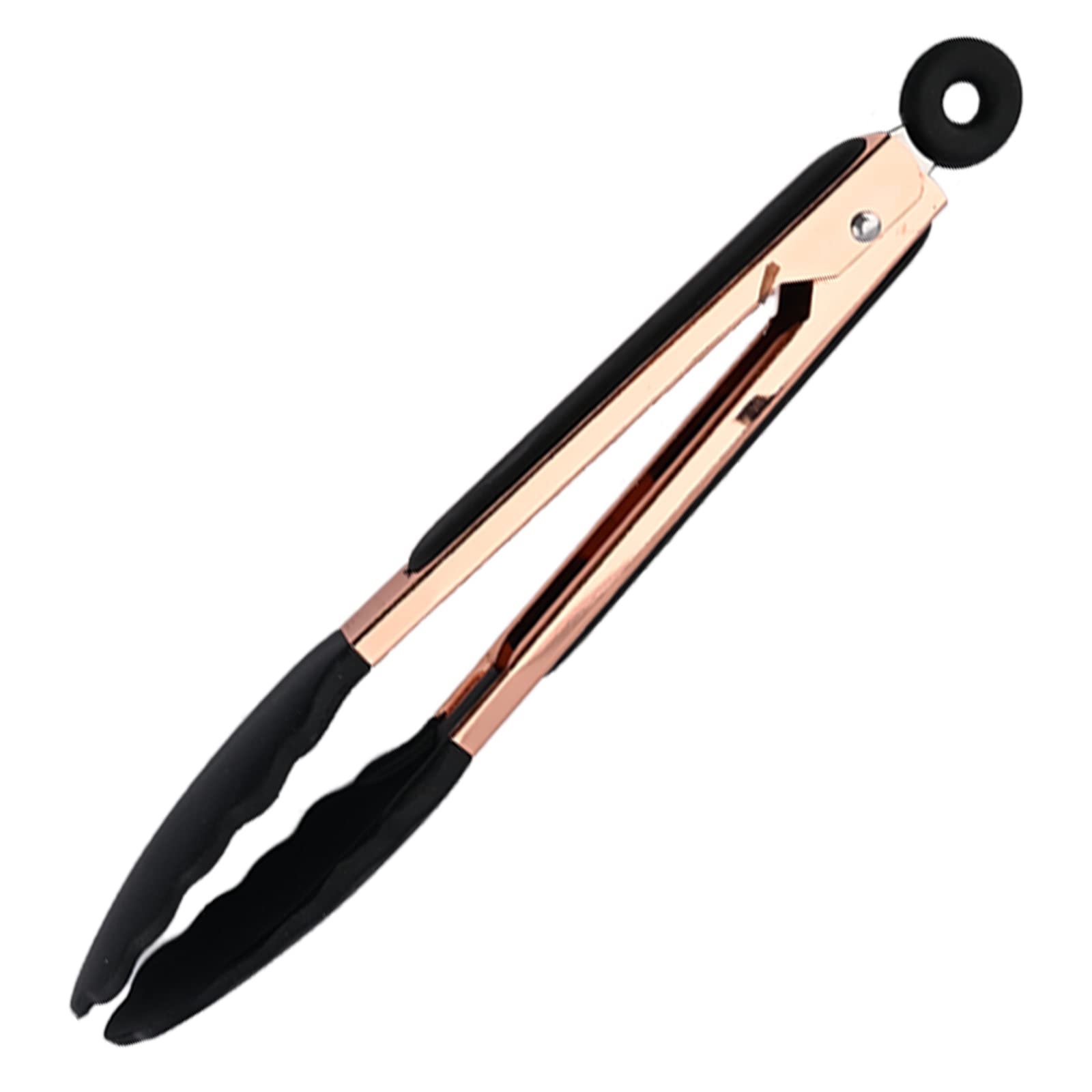 BRIIEC 1pc Black & Copper Silicone Kitchen Tong, Stainless Steel Food Tongs with Non-stick Silicone Tips for Serving Food, Locking Silicone Tong for Salad BBQ Serving Buffet Frying.