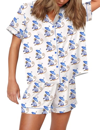 Image of SHESHOW Satin Pajamas for Women Set Preppy Animals Pjs Short Sleeve Shorts 2 Piece Loungewear Sets XS-XXL