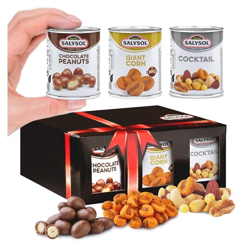 Salysol 6 Pack Mini Can Snack Variety 2 BBQ Giant Corn 30g 2 Chocolate Peanuts 50g 2 Spicy BBQ Cocktail 50g Gift Box Snack Set for Men and Women