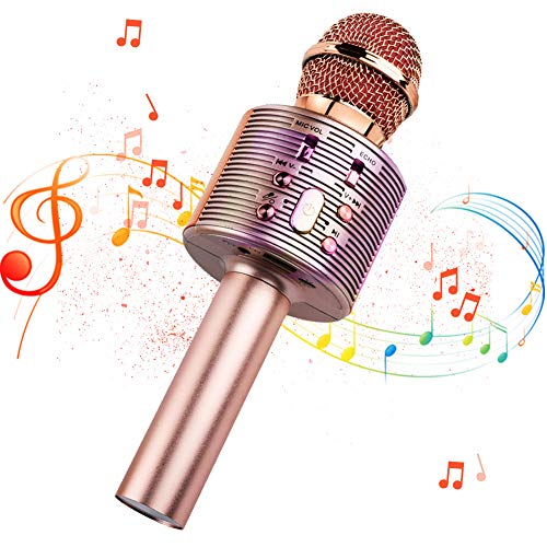 Micrófono Inalámbrico Bluetooth Karaoke, 4 en1 Microfono Karaoke Portatil con Baile de Luces LED para Niños Cantar, Función de Eco,Compatible con AUX o Android/iOS Teléfono Inteligente