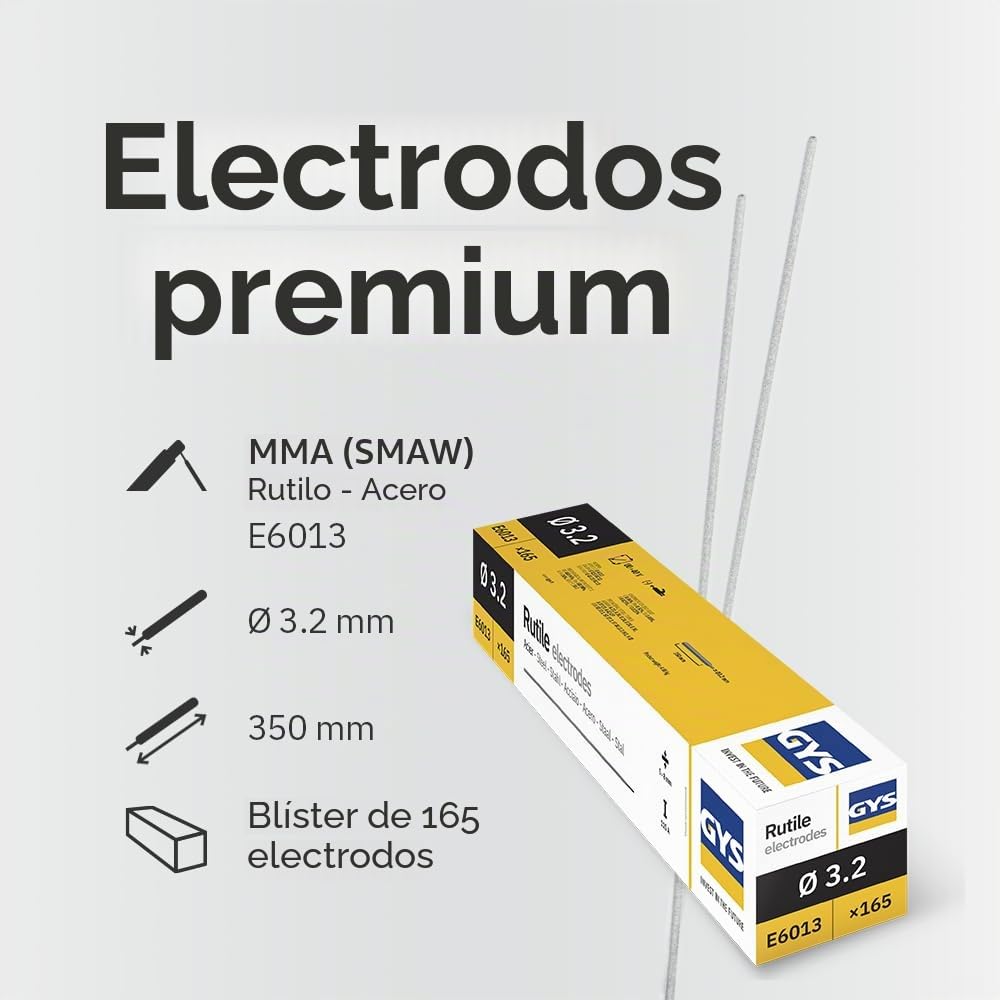 GYS - ELECTRODOS DE RUTILO Acero Ø 3,2 E6013 - CAJA de 165 - Soldadura MMA - Todas las posiciones - En el electrodo - Cebado 40V