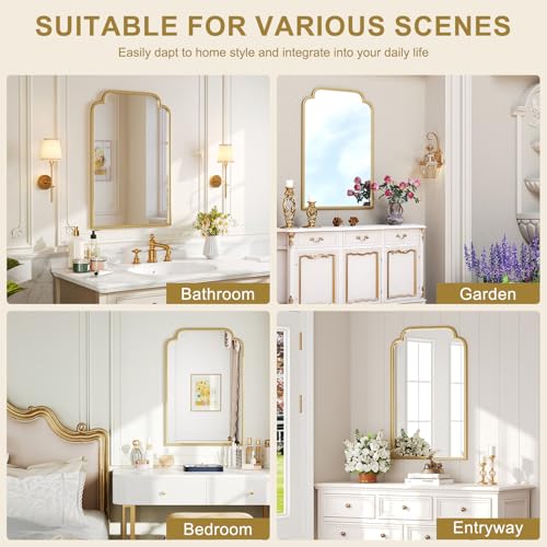 Gold Scalloped Wall Mirror Decor - 24"X36" Ornate Rounded Corner Rectangle Decorative Mirror with Beaded Metal Frame for Bathroom Vanity, Entryway, Fireplace, Living Room, Bedroom, Arched Corners — view 3