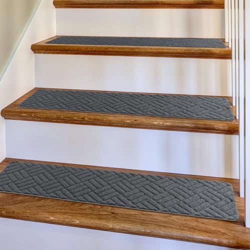 Image of COLFULINE 15 Pack Non Slip Stair Treads for Wooden Steps, Indoor Carpet Stair Mats with Reusable Adhesive, Anti-Skid Safety Rugs for Kids, Seniors, and Pets, 30" x 8"