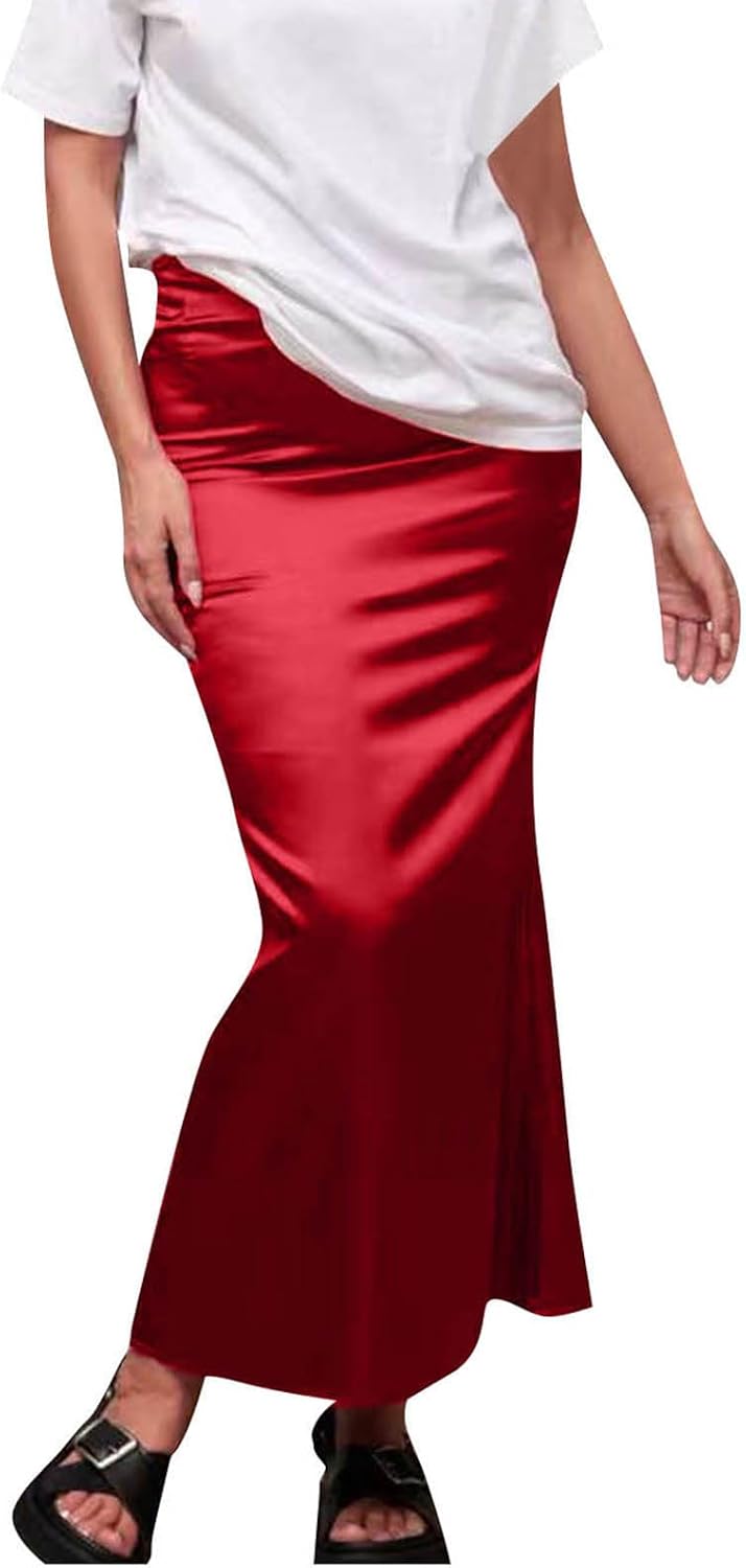 Womens Satin Skirt Silk A Line Swing Pleated Party Wedding Cocktail Skirts High Waist Bodycon Long Maxi Skirt