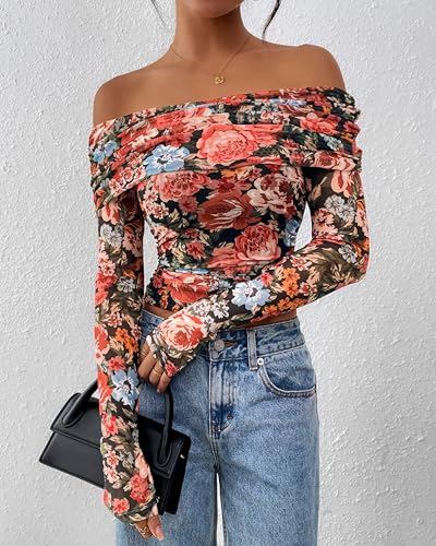 PRETTYGARDEN Women's Fall Tops 2025 Off The Shoulder Long Sleeve Fitted Y2k Shirts Floral Ruched Mesh Going Out Outfits4