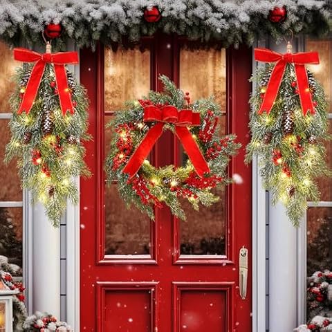Hungdao 3 Pack Pre-lit Christmas Wreath and Swag Cover