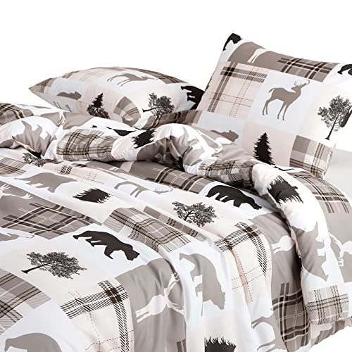 Wake In Cloud - Rustic Patchwork Duvet Cover Set, Lodge Woodland Wildlife Bear Moose Elk Pine Trees Pattern Printed, Soft Microfiber Bedding (3Pcs, Queen Size) #TOP1