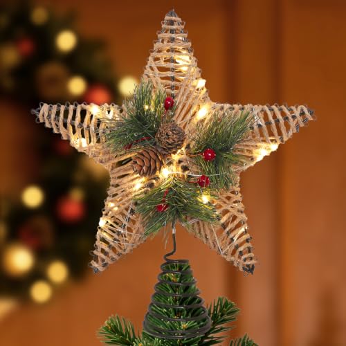 FLAVCHARM Christmas Tree Topper Rustic Jute Wrapped Star with Red Berries & Pine Cones, 20 LED Warm Lights, Battery Operated Built in 6H Timer for Xmas Tree Holiday Indoor Rustic Boho Farmhouse Decor by FLAVCHARM - Used condition - Image 8
