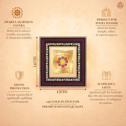 Image of DIVINITI Siddh Energised Swarna Akarshan Yantra | 24k Gold Plated Foil Wealth Attraction Vastu Frame for Home, Office & Puja Room | Spiritual Yantra for Wealth, Gold Attraction & Prosperity (14 X 13 CM)