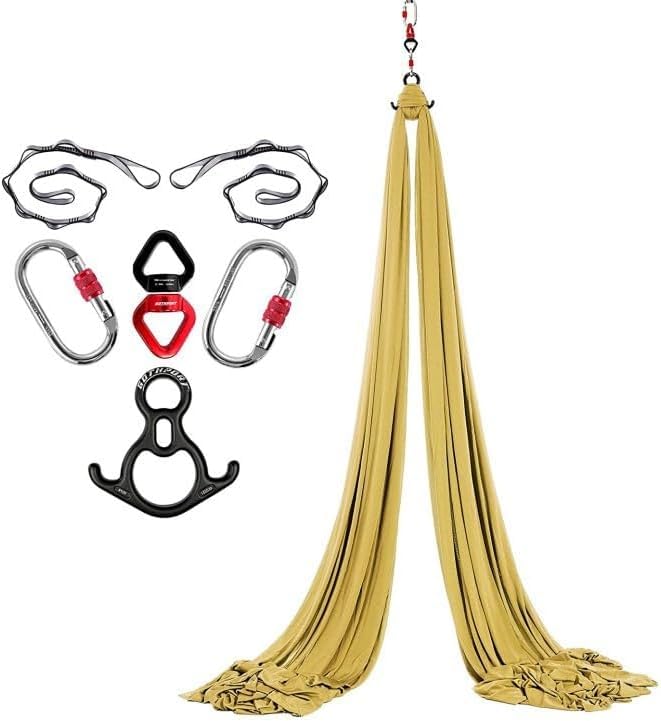 Aerial Yoga Silk, 8M Heavy-Duty Nylon Cloth, Suspended Yoga Towel with Mounting Hardware, High Load Capacity Trapeze Swing for Aerial Yoga, Acrobatic Training & Artistic Performances (Gold)