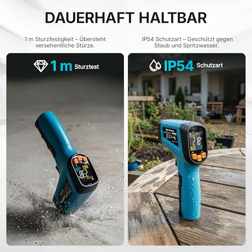 Tilswall Infrarot Thermometer(nicht für Menschen) -50°C bis 600°C IR Digital Laser Temperaturmessgerät für Kochen/Barbecue/Pizza Oven/Gefrierschrank/Industrie (Fleischthermometer inklusive)