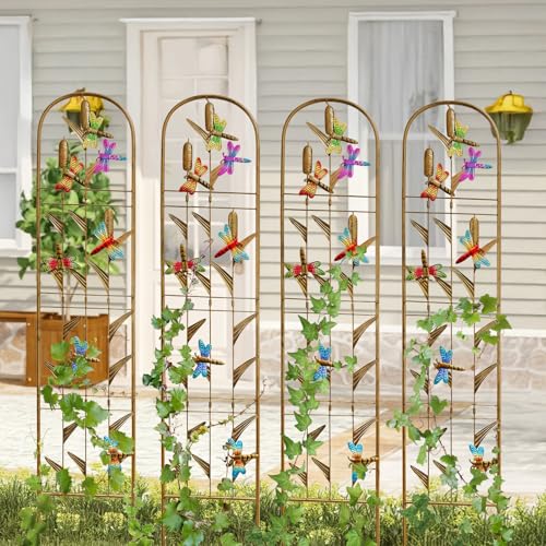 EZ4ENCE 4 Pack Metal Garden Trellis with Colorful Dragonfly Outdoor Decoration Arched Fence Trellis for Climbing Plants for Patio, Backyard by EZ4ENCE - Image 2