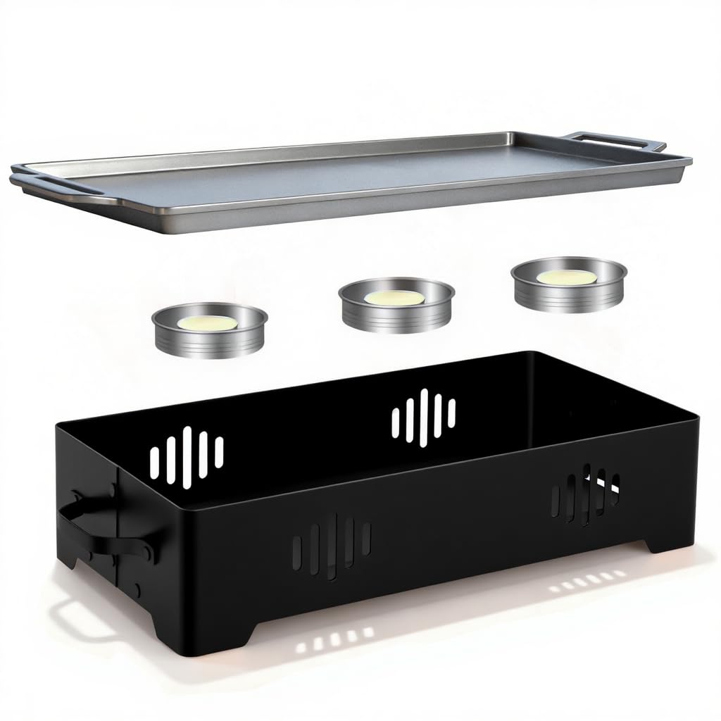 BillionFun BBQ Warmhalteplatte, Aluminium Grill Warmhalteplatte | Warmhaltebehälter für Essen&Grillgut| Antihaft |Warmhalteplatte Grillgut Teelicht | Grill Zubehör für Outdoor & Garten(BLACK)