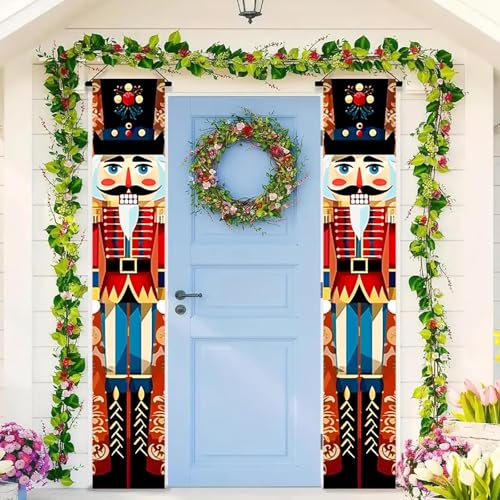 BlissYard Christmas Door Banner Set 12x71 Inch Nutcracker Soldier Vertical Porch Hanging Sign Indoor Outdoor Polyester Holiday Entryway Decoration Seasonal Photo Backdrop