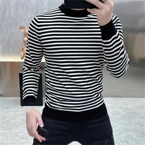 Men Korean Fashion Striped Embroidery Long Sleeve O Neck Slim Basic Pullover2