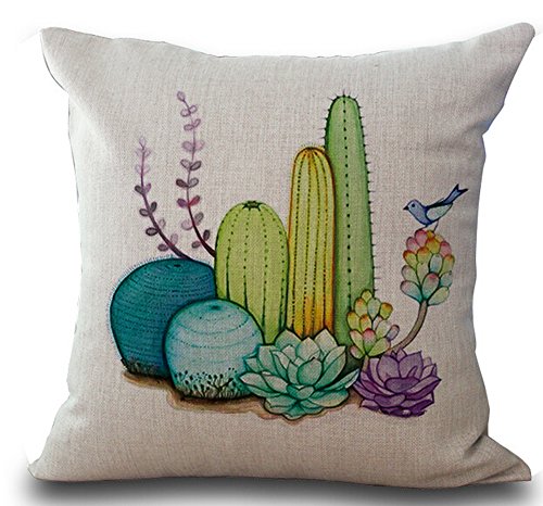 Fresh and Colorful Hand-Painted Potted Succulents Cactus Home Cotton Linen Throw Pillow Case Personalized Cushion Cover New Home Office Decorative Square 18 X 18 Inches
