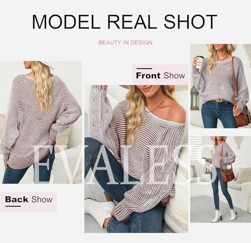 Image of EVALESS Striped Sweaters for Women Boat Neck Batwing Sleeve Oversized Pullover Sweater Tops Womens Fall Clothes Outfits