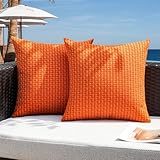 Kevin Textile Fall Outdoor Waterproof Throw Pillow Covers Pack of 2 Weaving Texture Water Resistant Outside Decorative Cushion Covers for Garden Patio Tent Balcony Bench Couch Sofa 18x18 Inch, Orange