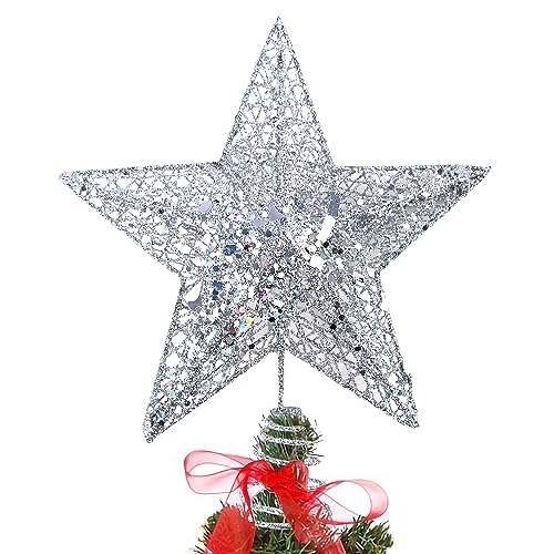 KEYIDO Silver Christmas Star Tree Topper, 8 Inch 3D Metal Star Topper, Silver Glittered Tree Topper for Xmas Tree Decoration