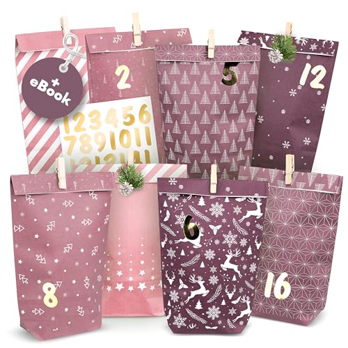 AMARI ® Adventskalender zum Befüllen Nr. 14 Midnight Rose - 24 Papier Adventstüten (mit Holzklammern) zum Basteln für Weihnachten - Papier Weihnachtstüten
