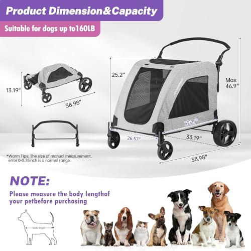 EchoSmile Carrinho de bebê extra grande para cães – alças ajustáveis, leve e dobrável, 4 rodas para