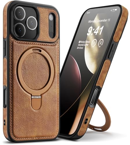 Custodia Magnetica in Pelle per iPhone 17 Pro con Supporto Magnetico Invisibile [Compatibile con Ricarica Wireless] Cover Sottile di Lusso con Cavalletto per iPhone 17 Pro (Marrone)