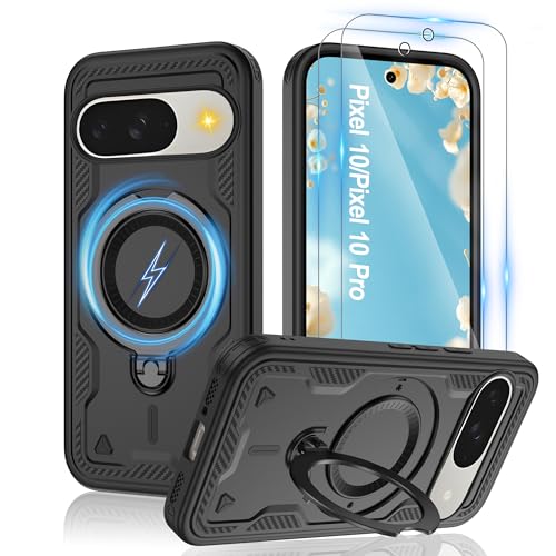Gritup fro Google Pixel 10/10 Pro Case | Military-Grade Magnetic Protective Cover Compatible with Mag-Safe, 2-Pack HD Screen Protectors, Rotating Kickstand & Anti-Fingerprint Design‌ | Black