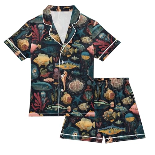 ALAZA Fish Coral Reef Seahorse Satin Pajamas Set Short Sleeve Button Down Sleepwear Summer Pjs 2 Piece