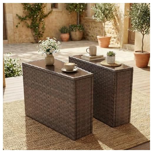 SUNSITT Rattan PE Resin Wicker Patio Side Table 2-Pack Sofa Wedge End Table with Tempered Glass Top, Brown