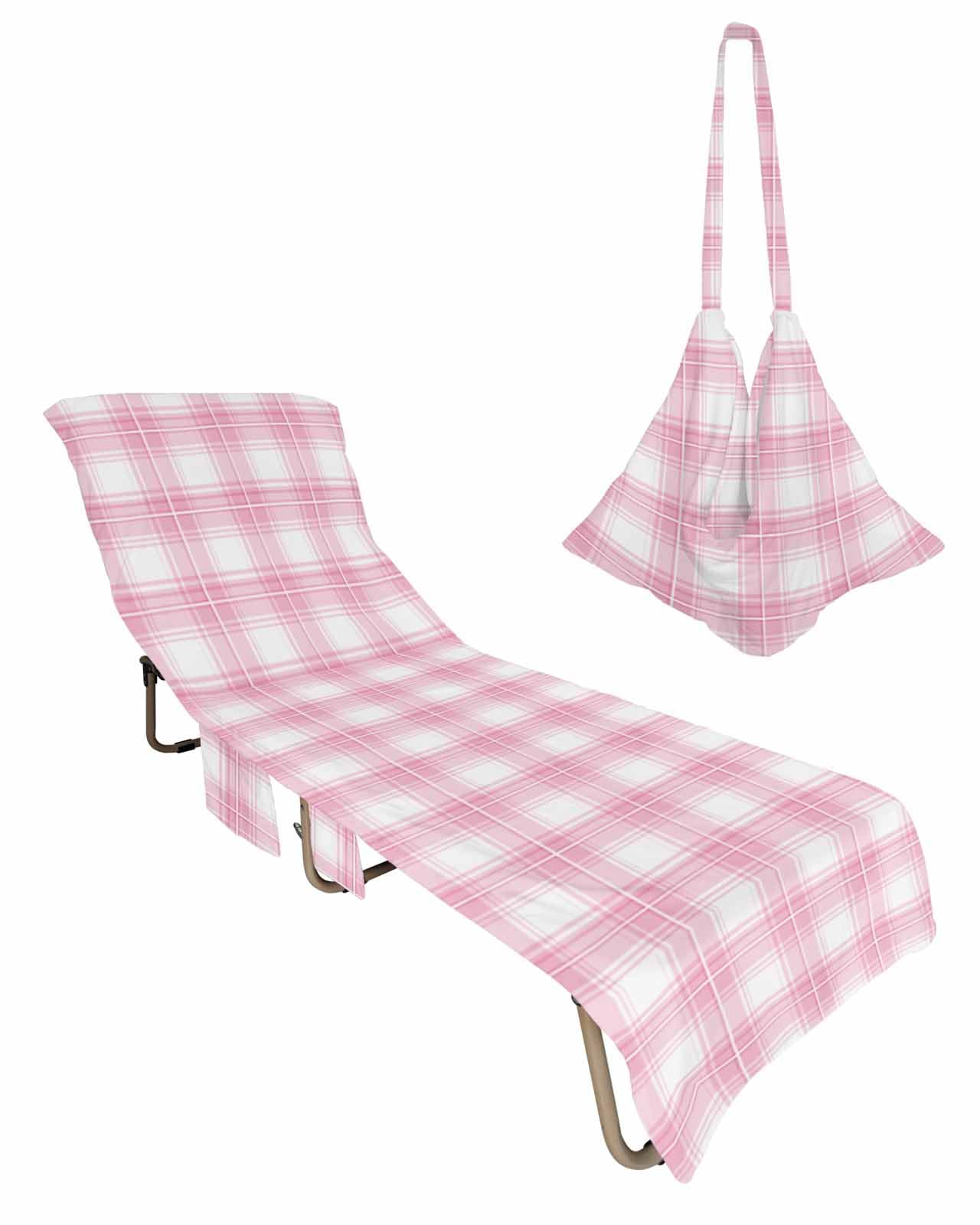 Pink Lattice Beach Chair Towel Covers for Chaise Lounge with Side Pocket, Soft Plush Pool Towels Cover for Patio Sunbathing Outdoor 29''x85'' Valentine's Day Farmhouse Buffalo Plaid