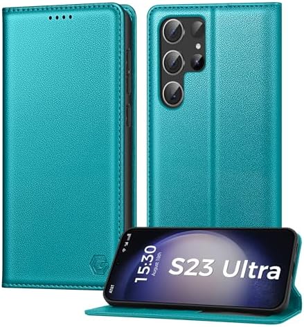 Kirnntca Handyhülle für Samsung Galaxy S23 Ultra Hülle, Kartenfach Premium PU Leder Klapphülle Schutzhülle, Standfunktion Tasche Flip Case für Samsung Galaxy S23 Ultra 5G - Cyan