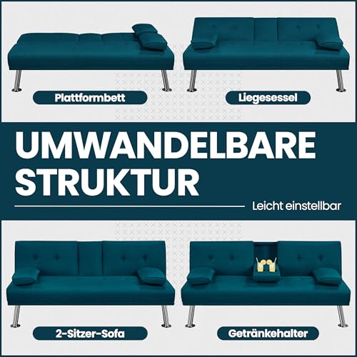 Yaheetech Klappbares Schlafsofa Couch Sofa mit Schlaffunktion Bettsofa mit Großer Liegefläche von 167 cm L × 94 cm B fürs Wohnzimmer/Schlafzimmer/Heimkino/Gästezimmer Blau