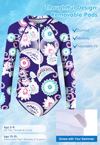 Image of Zando UPF50+ Girls Long Sleeve One Piece Swimsuit with Zipper - Rash Guard for Teens Toddler Kids 2-15 Years