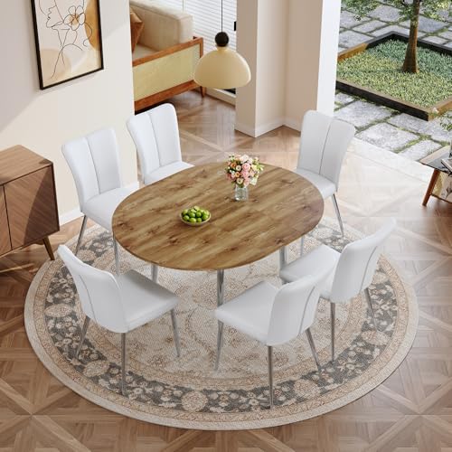 Image of Extendable Round Dining Table Set for 6, 42-54 inch Expandable Dining Table with 6 Upholstered Chairs, Engineered Wood Top, Space-Saving Round Kitchen & Dining Room Table Set(1 Table + 6 White Chairs)