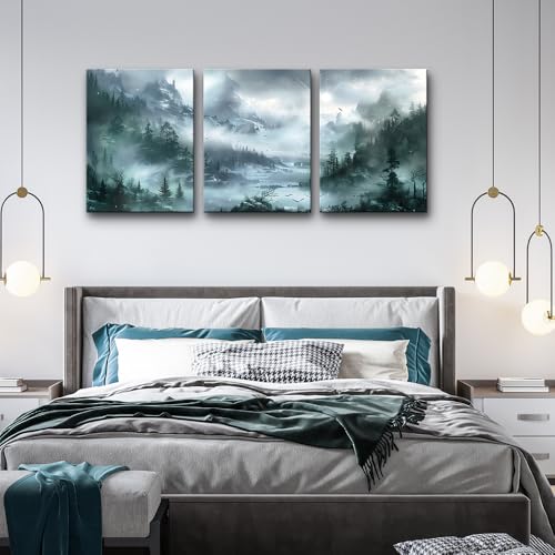 DZRWUBHS Wall Art For Living Room Canvas Wall Decor For Bedroom Office Wall Decorations Misty Forest Landscape Wall Paintings Modern Room Wall Pictures Artwork Home Decor Ready To Hang 3 Pieces