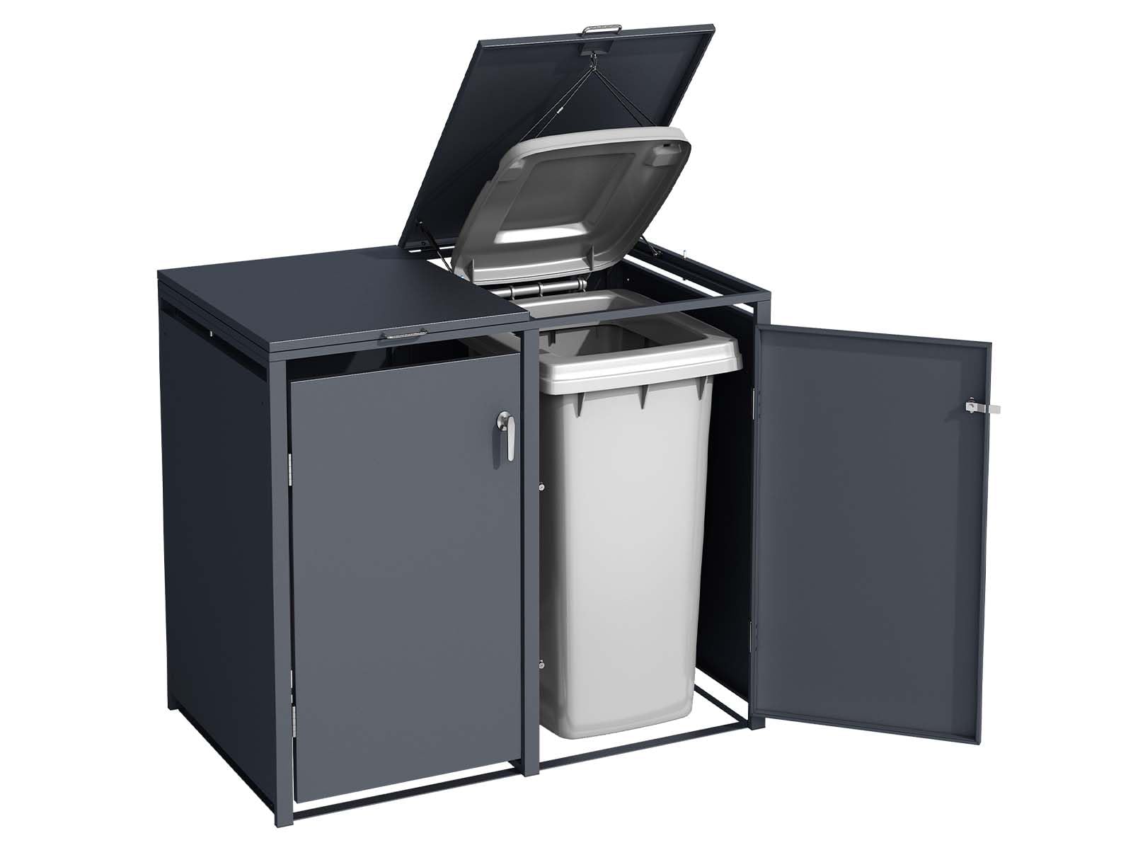 SCHARTEC® Mülltonnenbox 2er in anthrazit Einhandbedienung & erweiterbar 240l Mülltonnenverkleidung Mülltonnen Sichtschutz Unterstand