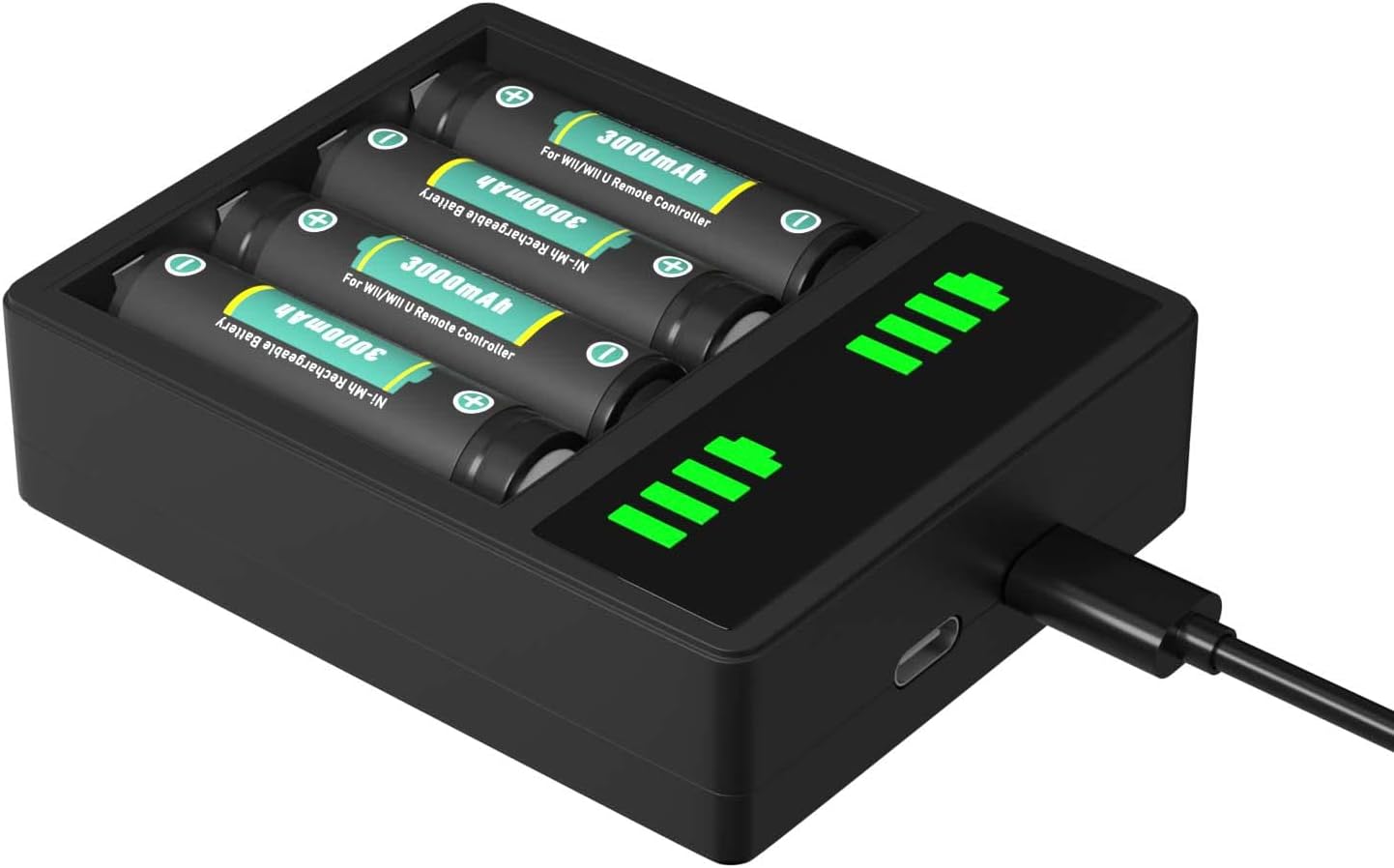 Tectra Rechargeable AA Battery with Battery Cases for Wii Remote Controller, 4pcs 3000mAh AA Ni-MH Battery + LED Charger for Wii/Wii U Game Remote Controller