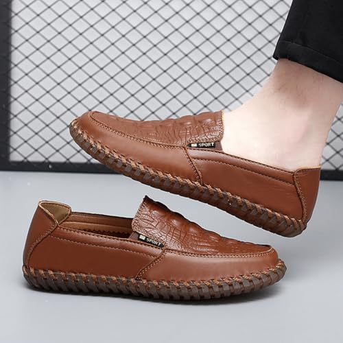 Men's Upper Crocodile - Embossed Loafers, Classic Round Toe Brown Casual Business Dress Shoes with Hand - Stitched Sole and Slip - on Design4