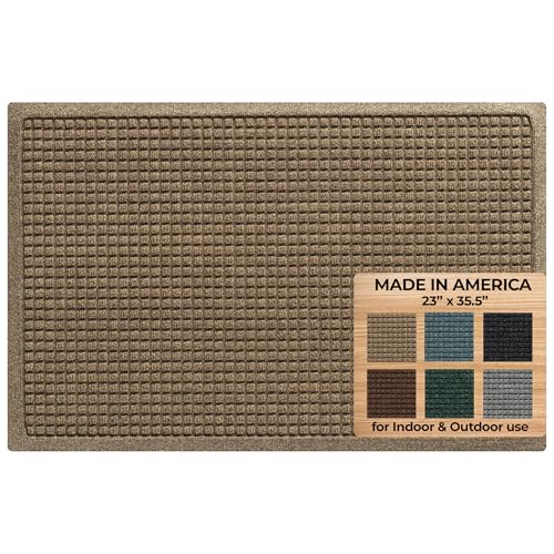 WaterHog Rubber Backed Mat for Indoor/Outdoor - Slip-Resistant Entryway Protection for Front Door Use, Mudroom, Porch, Garage, Easily Washable and Slip-Resistant, Squares Collection, Camel 2' x 3'