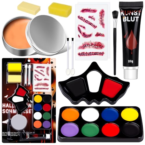 Face Paint Halloween Makeup Kit - White Black Red Face Paints Professional Adults with Fake Blood Scars tattoos 8 Color Body Painting Set For Zombie Vampire Skeleton Joker Clown Witch Cosplay