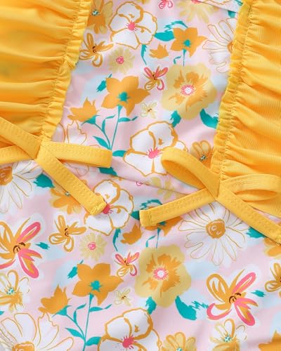 Image of Toddler Girl Swimsuit Baby Girl Bathing Suit Long Sleeve Floral Zipper One-Piece Rash Guard Swimsuit with Hat