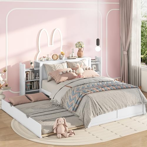 Queen Size Storage Bed with Trundle, Wood Platform Bed Frame with Storage Shelves Headboard and Twin Size Trundle Bed, Wooden Queen Beds for Kids Boys Girls Teens, White