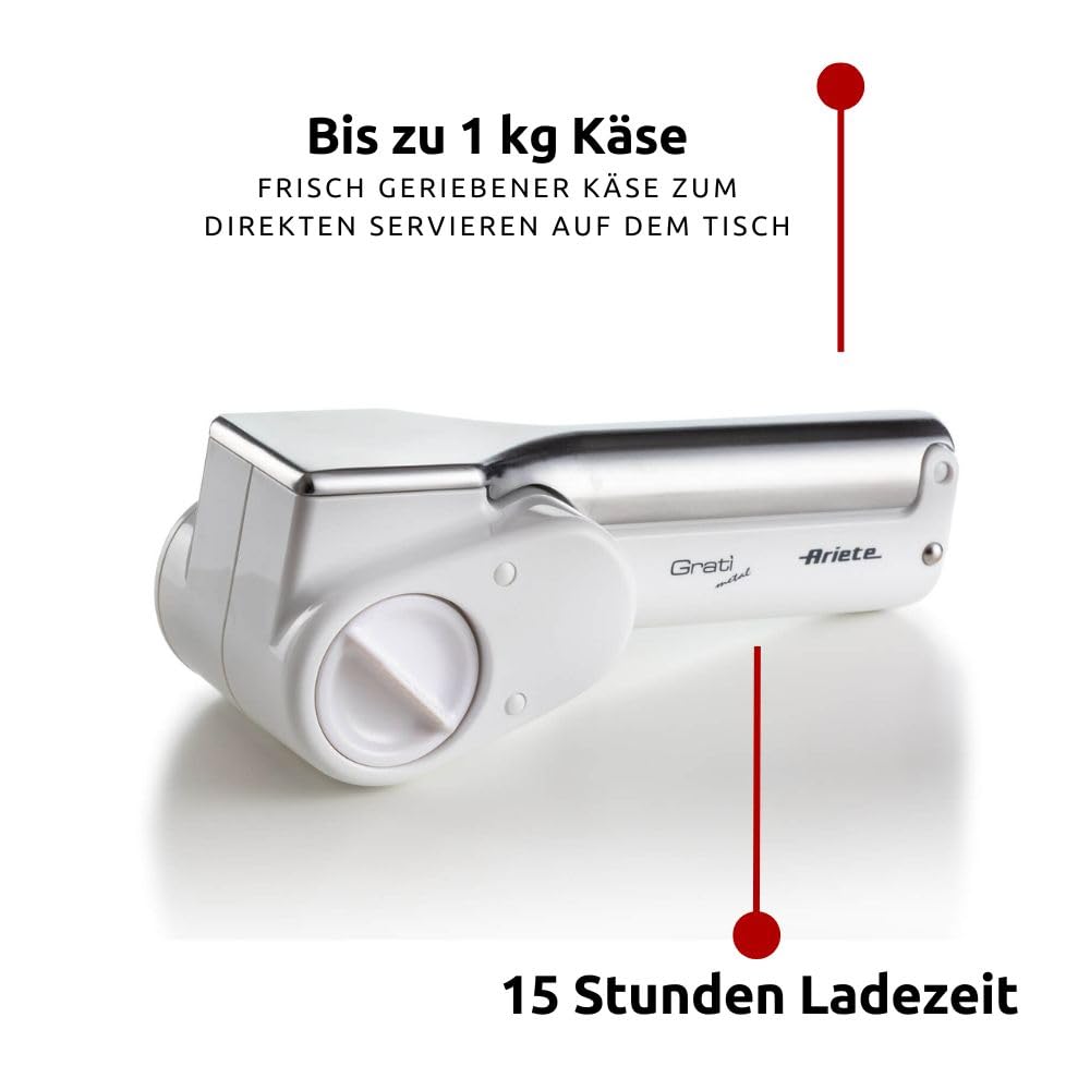 Ariete Gratì Metal 44, Kabellose Elektrische Käsereibe, 2 Edelstahlwalzen Inklusive, 1 kg Käse mit einer Akku-Aufladung, Reibe für Verschiedene Zutaten, 1500mAh, Weiß