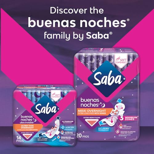 Image of Saba Buenas Noches Overnight Maxi Pads with Wings, Heavy Flow Protection, 120 Count (6-Pack)