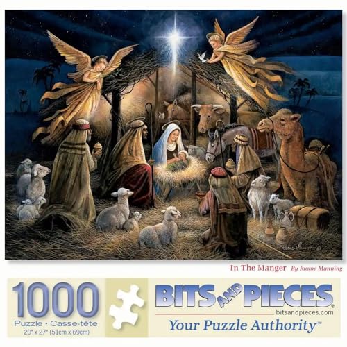 Bits and Pieces – Puzzle Rompecabezas de Navidad de 1000 piezas, 20" x 27" – Escena del Nacimiento con María, José y el Niño Jesús por Ruane Manning miniatura 1