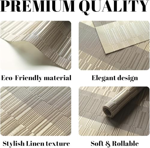 Image of Placemats Set of 6 Dining Table Place Mats | Placemats Table Mat PVC Material | Non-Slip Heat Resistant | Dining Tablemates Washable Anti-Skid | Size 45 x 30cm (Beige & Gold)