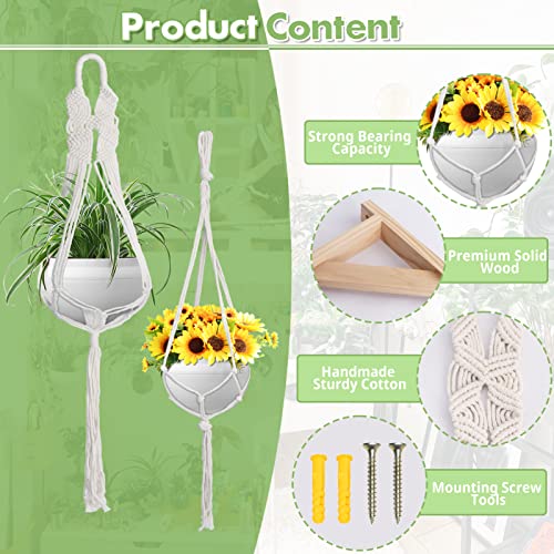 Wooden Hanging Plant Hook With 2Pcs Macrame Plant Holders Hangers Indoor Set, Laszola Wooden Bracket Wall Hook Plant Stand Hangers Cotton Hanging Planters For Indoor Plants Flower Pot Holder #TOP3