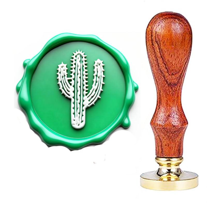 YGHM Cactus Logo Wax Seal Stamp, Vintage Retro Brass Head Wooden Handle Removable Sealing Stamp, Ideal for Embellishment of Signature,Invitations,
