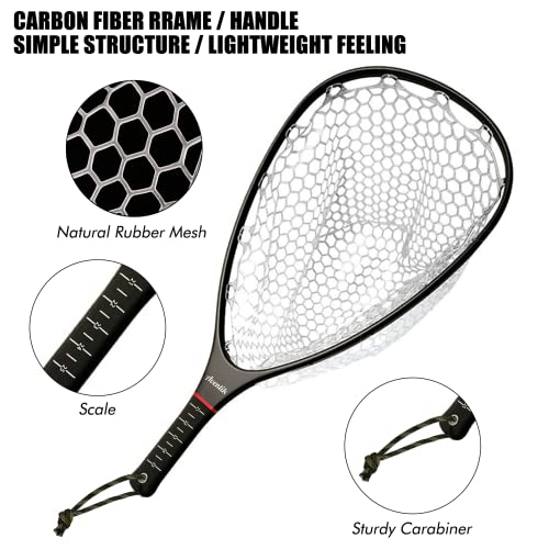 Riverruns Carbon Fiber Landing Net - Fly Floating Fishing Net with Soft Rubber Trout Net and Measuring Lines on The Handle - Lightweight and Durable(Regular Handle/Black)